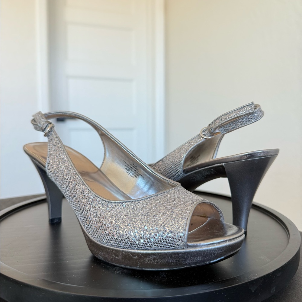 Elegant Sparkly Silver Peep-Toe Slingback Heels by Nine West